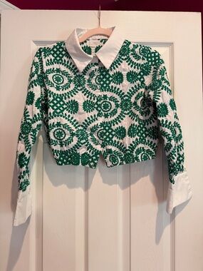 SHEIN White Crop Top with Green Leaf Embroidery